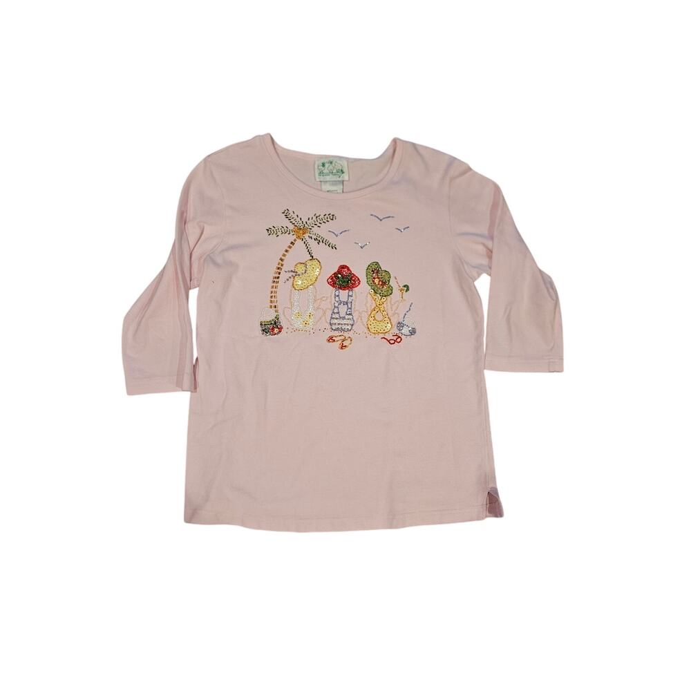 Quacker Factory pink cotton shirt womens small beaded beach ladies embellished